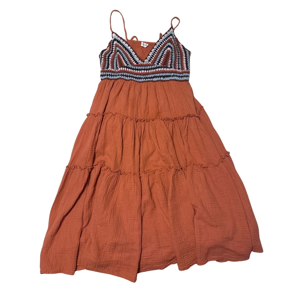 Lucky Brand XXL Terracotta Crochet Bodice Tiered Gauze Boho Maxi Dress Halter